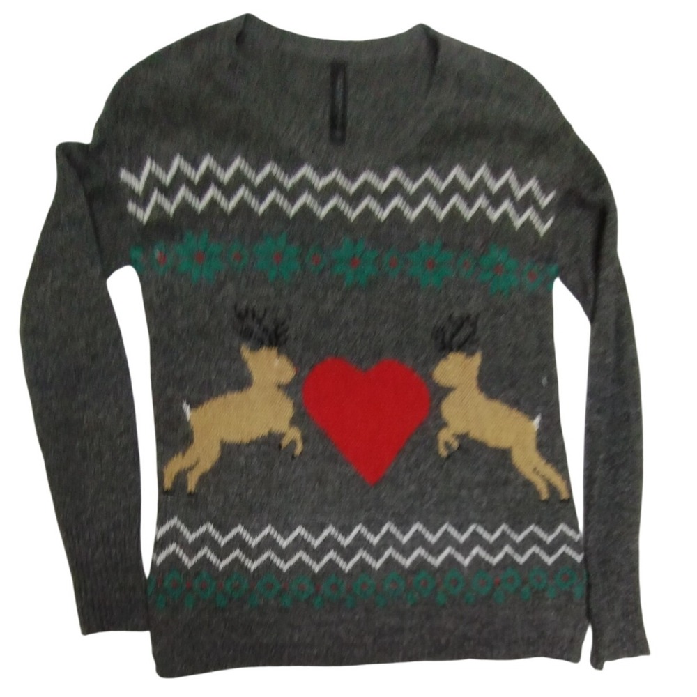 Reindeer Heart Ugly Christmas Sweater Aeropostale Size S Gray Holiday‎ Pullover
